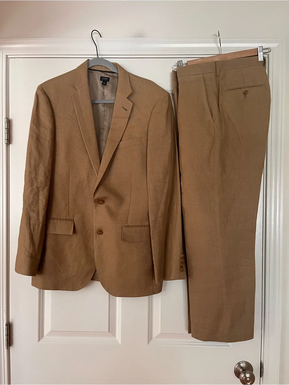 J CREW Ludlow Irish Linen Camel Tan Suit 38R Pants 33 x 27.5 with a 2-Inch Hem